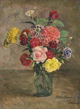  CARNATION Art Painting - STILL LIFE WITH ROSES AND CARNATIONS IN A GLASS JAR Ilya Mashkov
